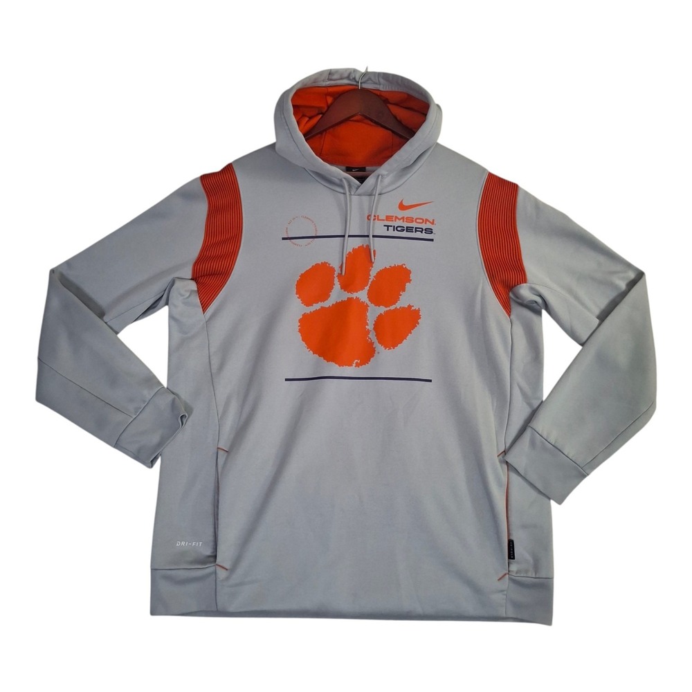 Nike Clemson Tigers Dri-FIT Hoodie Men's XL Grey Orange Paw Logo Drawstring